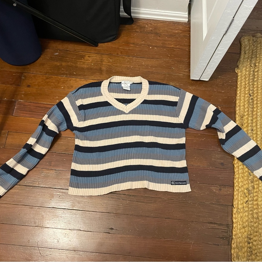 Calvin Klein Jeans V-Neck Sweater - Blue and Cream Stripes